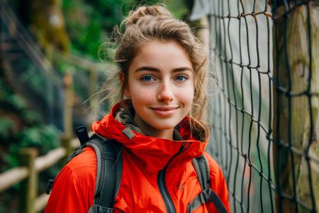 Smiling Young Woman in Red Jacket Enjoying Outdoor Adventure in Lush Green Forest AI Generativeの素材