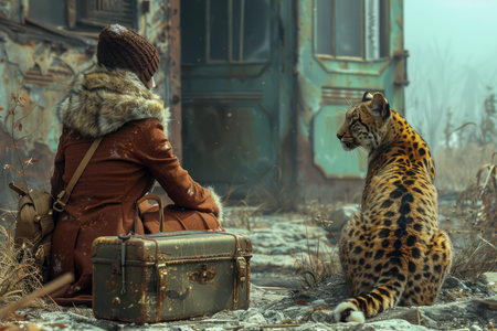 Post Apocalyptic Scene with Lone Traveler and Wild Leopard in Abandoned Urban Landscape AI Generativeの素材