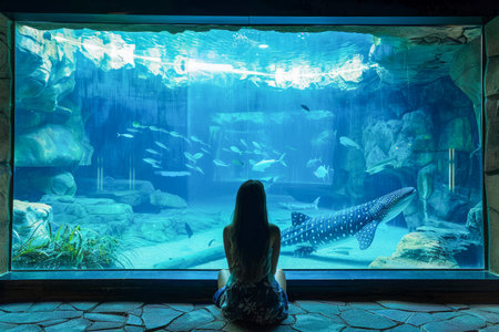 Woman Contemplating Marine Life While Sitting in Front of Large Aquarium Tank with Whale Shark AI Generativeの素材