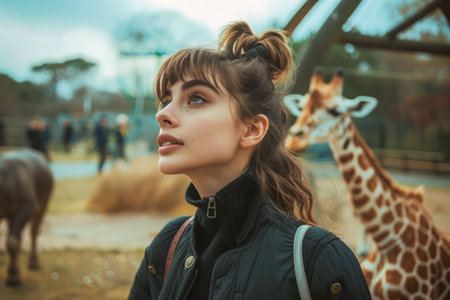 Young Woman Enjoying a Day Out at the Zoo with a Giraffe in the Background, Adventure and Wildlife Appreciation Concept AI Generativeの素材