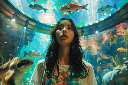 Young Woman Marveling at Colorful Marine Life in a Large Aquarium Tunnel with Beautiful Fish Swimming Around AI Generativeの素材
