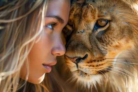 Intimate Moment Between Young Woman and Majestic Lion in a Symbolic Display of Unity and Trust AI Generativeの素材