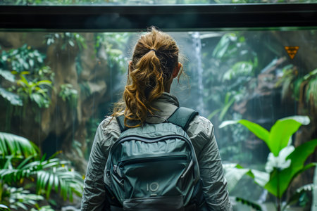 Woman Backpacker Observing Tropical Rainforest Greenery Through Glass in Conservatory AI Generativeの素材