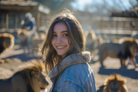 Young Woman Smiling in Front of Lions at Wildlife Sanctuary, Sunlit Portrait, Casual Outdoor Adventure AI Generativeの素材