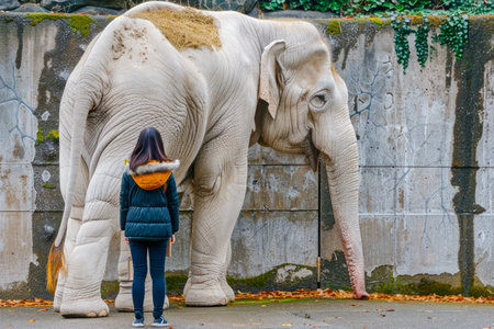 Young Woman Observes Majestic Elephant in a Peaceful Outdoor Wildlife Sanctuary Setting AI Generativeの素材