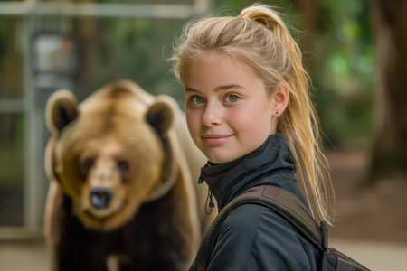 Young Blonde Girl Posing with a Smiling Facial Expression in Front of a Blurry Bear Background in Natural Outdoor Setting AI Generativeの素材