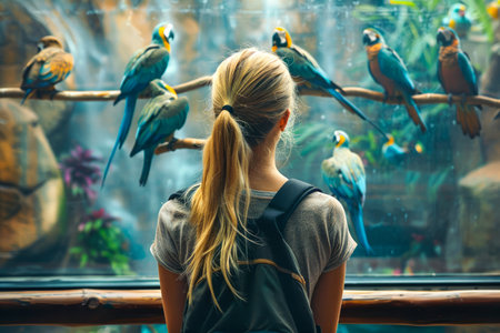 Young Woman Enjoying a Fascinating Encounter with Colorful Parrots at a Tropical Bird Sanctuary AI Generativeの素材