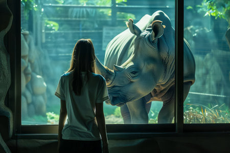 Young Woman Fascinated by Majestic Rhinoceros at the Zoo, Intimate Encounter with Wildlife Behind Glass AI Generativeの素材
