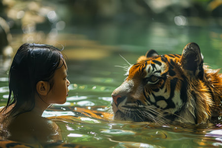 Young Girl Face to Face with Majestic Tiger in Serene Water Sanctuary, A Moment of Interspecies Connection AI Generativeの素材