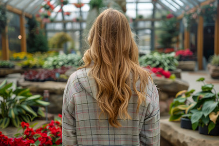 Young Woman Enjoying the Serene Beauty of a Lush Greenhouse Full of Blooming Flowers and Plants AI Generativeの素材