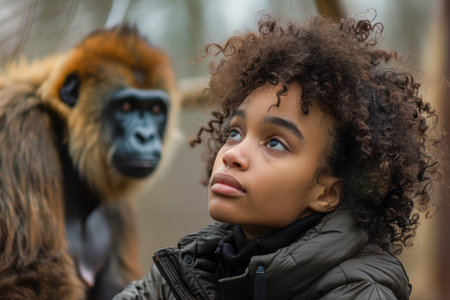 Young Girl with Curly Hair Gazing Thoughtfully Alongside a Monkey in a Natural Environment AI Generativeの素材