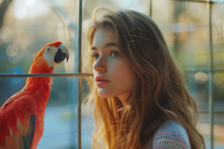 Young Woman Enjoying a Serene Moment with a Colorful Parrot in a Sunlit Urban Setting AI Generativeの素材
