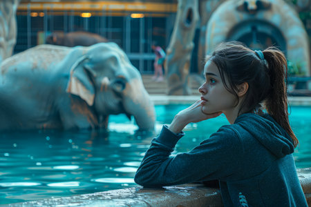 Young Woman Contemplating by the Pool with Elephant Statue in a Mysterious Blue Twilight Setting AI Generativeの素材