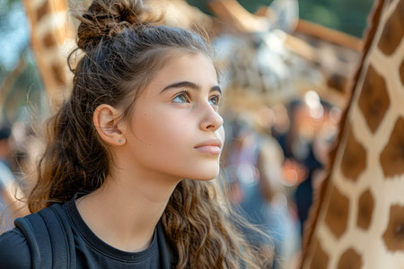 Young Girl Observing Giraffe at Zoo, Child and Wildlife Interaction, Outdoor Educational Experience, Nature Connection AI Generativeの素材