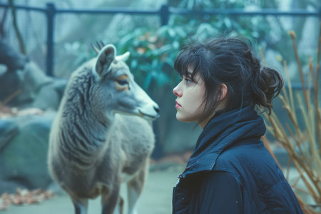 Woman in Black Staring Intently at a Mouflon in a Misty Enclosure with a Mystical Atmosphere AI Generativeの素材