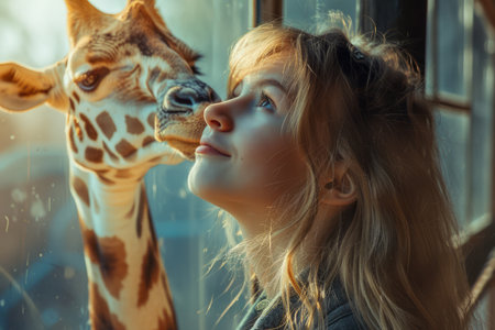 Young Blonde Woman Enjoying a Tender Moment with a Giraffe at Sunset through Glass Window AI Generativeの素材