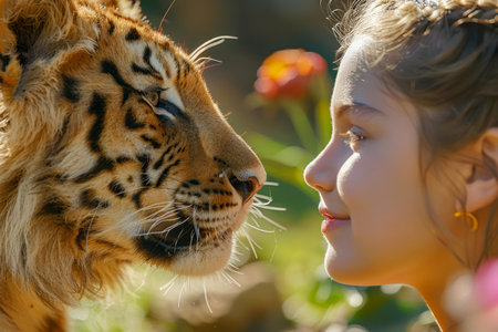 Young Woman Face to Face with Majestic Tiger in Sunlit Nature Setting, Intimate Wildlife Encounter AI Generativeの素材