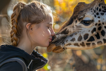 Young Woman and Giraffe in Tender Interaction at Zoo, Female Wildlife Enthusiast Sharing Affectionate Moment with Tall Mammal AI Generativeの素材