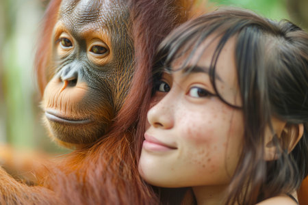 Young Woman and Orangutan Side by Side in a Moment of Connection, Reflecting Similar Expressions of Curiosity and Contentment AI Generativeの素材