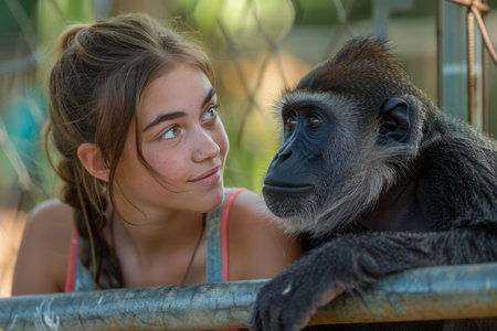 Young Woman and Chimpanzee Sitting Side by Side in a Moment of Friendship at the Zoo AI Generativeの素材