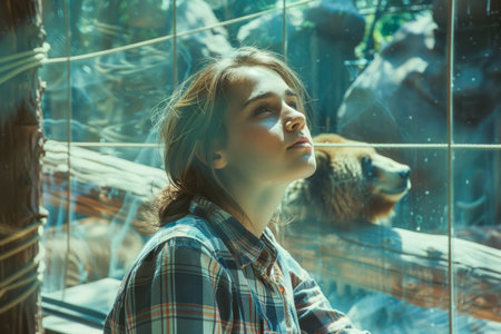 Young Woman Contemplating While Standing Beside Lion Exhibit at Zoo, Reflective Glass and Sunbeam AI Generativeの素材