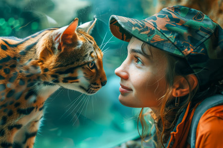 Young Woman in Camouflage Hat Face to Face with Majestic Bengal Cat in Lush Green Forest AI Generativeの素材