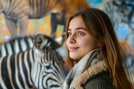 Young Woman with a Warm Smile Posing in Front of Colorful Zebra Wall Art in Urban Setting AI Generativeの素材