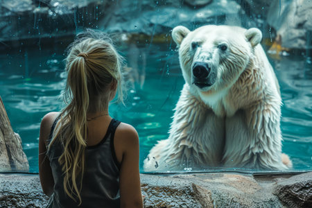 Young Woman Observing a Majestic Polar Bear Behind Glass at a Wildlife Conservation Exhibit AI Generativeの素材