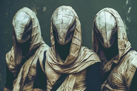 Artistic Group of Three Mysterious Figures with Wrapped Heads and Textured Garments Posing Abstractly AI Generativeの素材