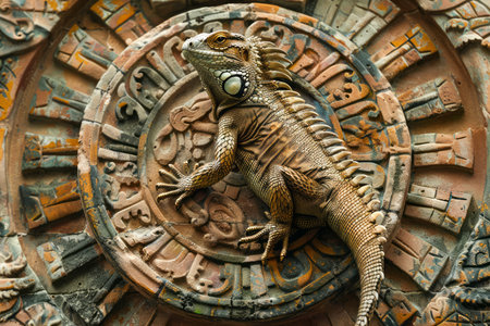 Intricately Carved Stone Aztec Calendar with Iguana basking in the Center on Ancient Mayan Wall AI Generativeの素材