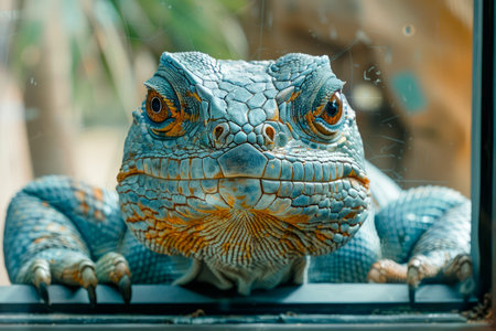Close up of a vibrant blue iguana looking through glass with a curious gaze in a natural setting AI Generativeの素材
