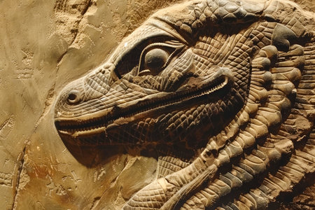 Close Up View of a Fossilized Dinosaur Head in Natural History Museum Display AI Generativeの素材