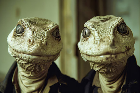 Close Up of Two Humorous Iguana Heads Mimicking Human Interaction, Perfect for Comical Themes AI Generativeの素材