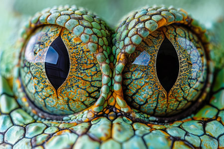 Close Up Macro Photography of Green Reptilian Eyes with Intricate Patterns and Textures AI Generativeの素材