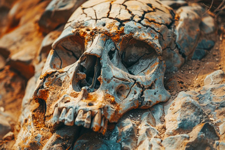 Close up View of a Human Skull on Arid Soil, Symbolizing Death, Time, and Archaeology in a Desolate Landscape AI Generativeの素材