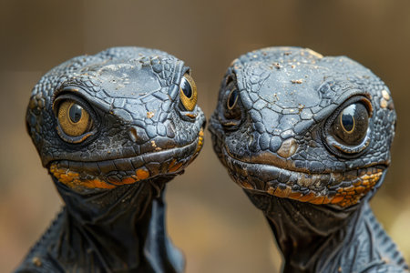 Close up Portrait of Two Iguanas with Detailed Scales and Bright Yellow Eyes on a Natural Background AI Generativeの素材