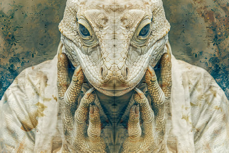 Dramatic Reptilian Creature Portrait with a Vintage Grunge Texture, Enigmatic Cold Blooded Animal with Intense Stare AI Generativeの素材