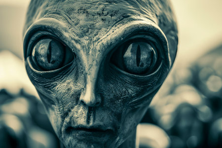 Close up of Mysterious Alien Face Sculpture in Monochromatic Tones, Sci Fi Themed Artistic Expression for Creative Projects AI Generativeの素材