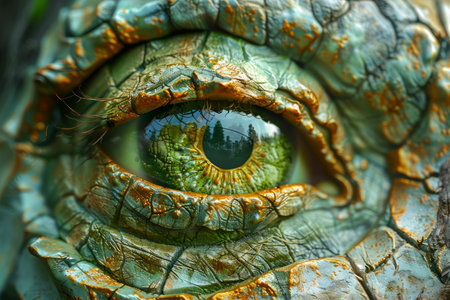 Close up of a Detailed Reptile Eye with Striking Green Iris and Textured Scales AI Generativeの素材