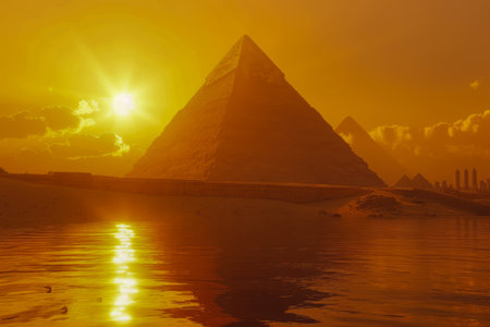 Majestic Sunset Over the Great Pyramids of Giza with Reflection on Water AI Generativeの素材