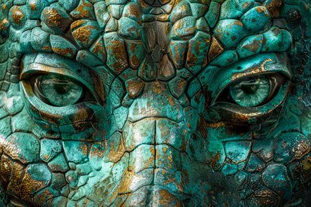 Fantasy Turquoise Dragon Scales Close up with Piercing Eyes Mystical Creature Textured Skin Detail AI Generativeの素材