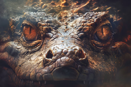 Intense Close Up of a Fierce Dragon with Scales and Fiery Backdrop for Fantasy Themes AI Generativeの素材