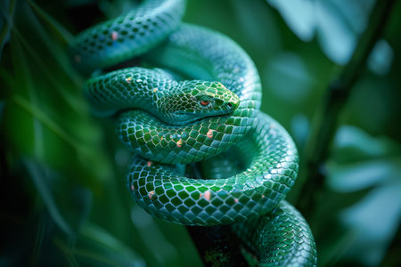 Close up of a Vibrant Green Snake Coiled Around a Branch in a Lush Rainforest Environment, with Focus on Scales and Details AI Generativeの素材