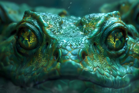 Close up of Exotic Green Textured Reptilian Eyes in a Mystical Wild Animal Portrait AI Generativeの素材