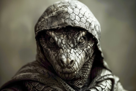 Mysterious Person in Elaborate Reptile Themed Costume with Textured Hood Posing for Dramatic Portrait AI Generativeの素材