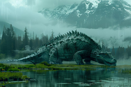 Majestic Digital Art of a Giant Dinosaur in a Mystical Forest Landscape with Misty Mountains AI Generativeの素材