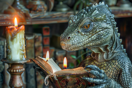 Enchanted Reptilian Creature Reading Ancient Book by Candlelight in Magical Library Setting AI Generativeの素材