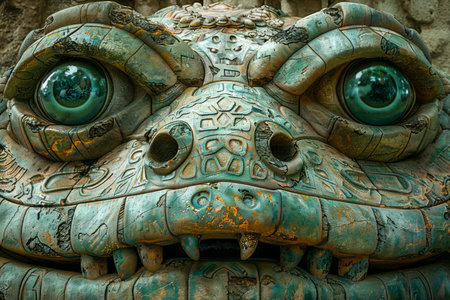 Intricately Carved Stone Dragon Statue with Enigmatic Emerald Eyes, Symbolizing Mythology and Ancient Cultures AI Generativeの素材