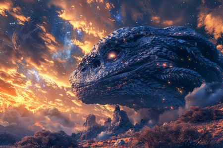 Majestic Blue Dragon Emerging From Clouds Fantasy Artwork, Mystical Creature Against Dramatic Sky Background AI Generativeの素材
