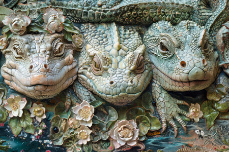 Detailed Stone Sculpture of Crocodile Heads Emerging Among Floral Embellishments on Wall AI Generativeの素材